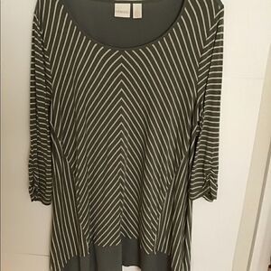 Chico’s Olive Green Cream Stripe 3/4 Sleeves Scoop Neck Stretchy Tunic Size L